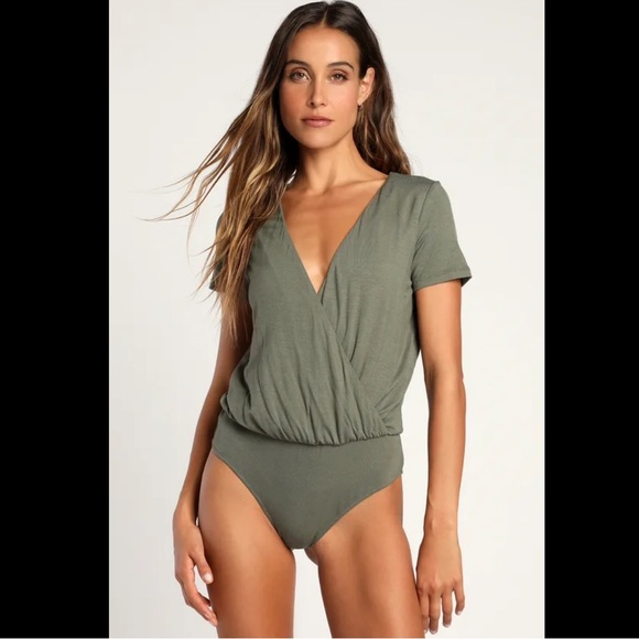 Lulu’s Olive Green Surplice Bodysuit - Picture 3 of 6